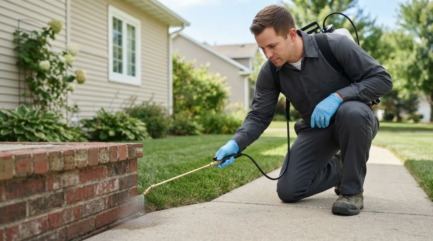 Pest control technician treating a home near Hazleton, IA