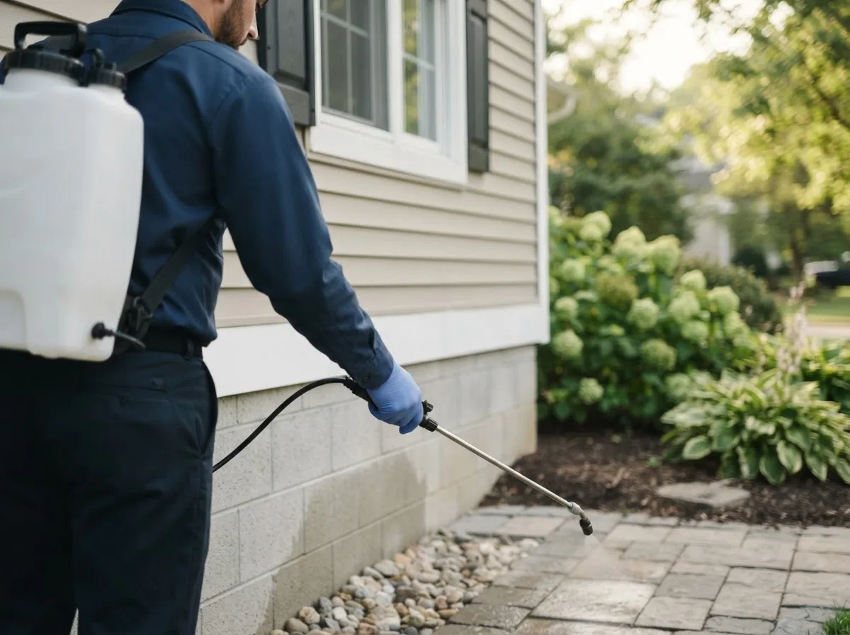 Pest control technician inspecting a home in Hazleton, IA